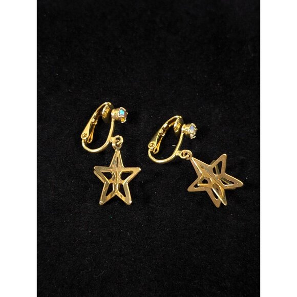 Vintage Gold Tone 3D Star AB Rhinestone Dangle Clip On Earrings - Picture 5 of 7